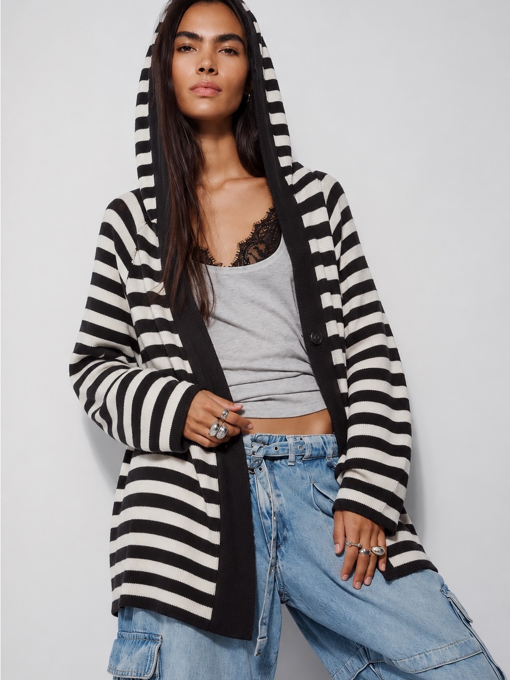 249. Calvin Klein Black and White Striped Hooded Cardigan Sweater